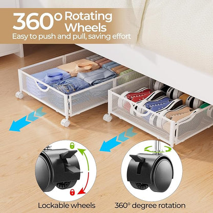 Yecaye Under Bed Storage with Wheels, 2 Pack Under Bed Shoe Storage Organizer Drawer, Tool-free Assembly Metal Underbed Storage Containers for Clothes, Shoes, White