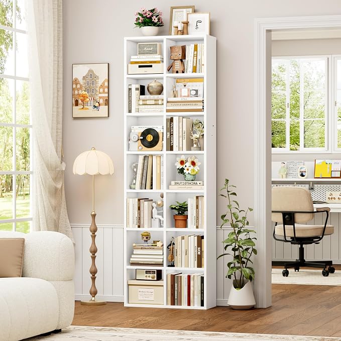 FOTOSOK 71'' Tall Bookshelf Set of 2, 7 Tier Large White Bookshelf with Adjustable Shelves, Wide Bookcases and Bookshelf, DVD/CD Media Tower Storage, Cube Book Shelf Display Shelf Cabinet, White
