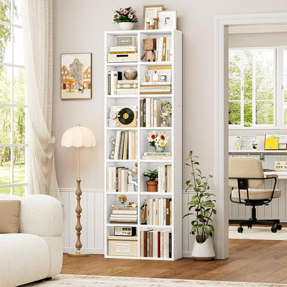 FOTOSOK 71'' Tall Bookshelf Set of 2, 7 Tier Large White Bookshelf with Adjustable Shelves, Wide Bookcases and Bookshelf, DVD/CD Media Tower Storage, Cube Book Shelf Display Shelf Cabinet, White