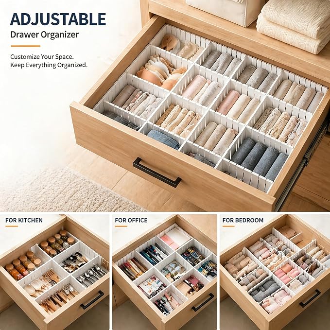 Drawer Divider Adjustable Diy Storage Organizer Separator for Tidying Clutter Cutlery Makeup Clothes of Dresses, Desk & Box in Kitchen Bathroom Bedroom Office (Cut at Will) (White 8pcs)