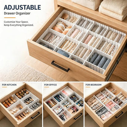 Drawer Divider Adjustable Diy Storage Organizer Separator for Tidying Clutter Cutlery Makeup Clothes of Dresses, Desk & Box in Kitchen Bathroom Bedroom Office (Cut at Will) (White 32PCS)