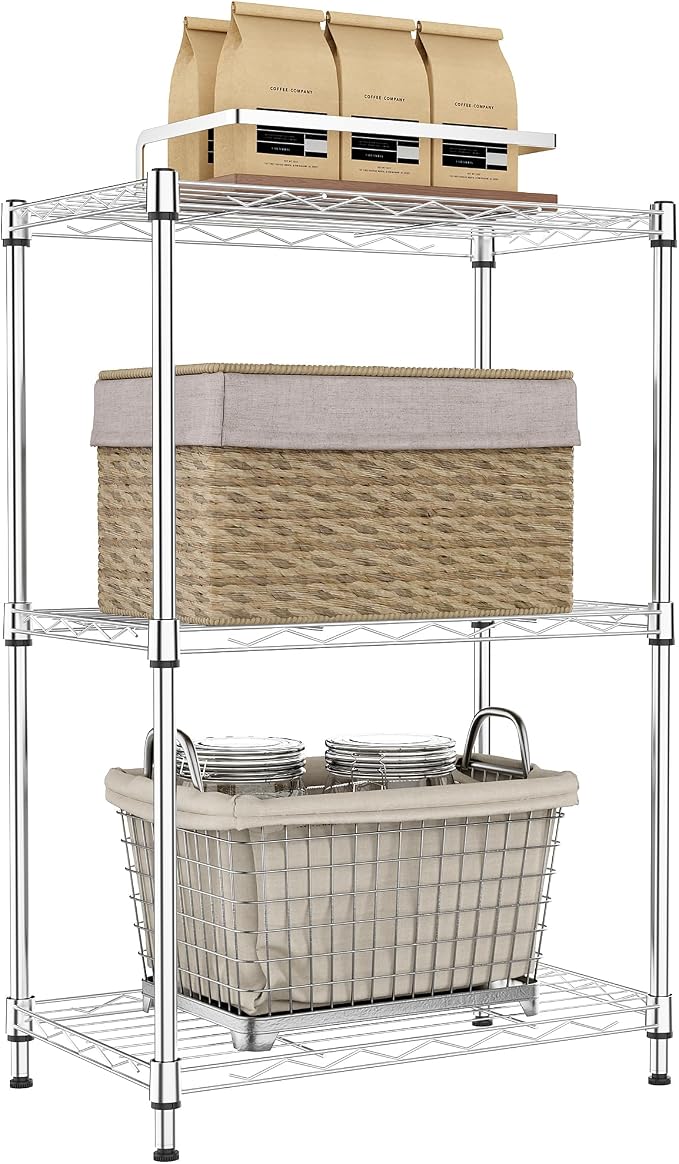 IZEUK 3 Tier Metal Wire Shelving Rack Storage Shelves for Kitchen, Bedroom, Living Room or Laundry Room, Chrome, 17.7" W x 11.8" D x 28.8" H