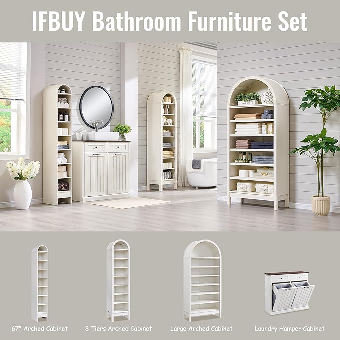 71" Tall Arched Bathroom Storage Cabinet, 7-Tier Modern Farmhouse Storage Cabinet with Adjustable Shelves, Wood Freestanding Cabinet for Bathroom, Living Room, Entryway, Hallway (Antique White)