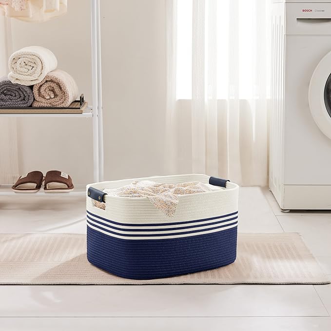 SunNewt 45L Small Laundry Basket with Leather Handles for Living Room Storage, Woven Rope Baskets Bin for Blanket, Kids Toy, Gifts, Wicker Hamper for Bedroom Dirty Clothes, 18"x14"x11" White Navy
