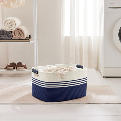 SunNewt 45L Small Laundry Basket with Leather Handles for Living Room Storage, Woven Rope Baskets Bin for Blanket, Kids Toy, Gifts, Wicker Hamper for Bedroom Dirty Clothes, 18"x14"x11" White Navy