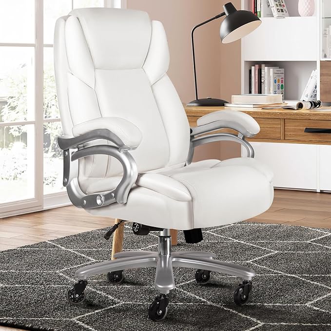 VITESSE 500lbs Heavy Duty Office Chair for Low Back Pain Relief, Big and Tall Office Chair with Ergonomic Lumbar Support, High Back Executive Chair with Quiet Rubber Wheel（White）