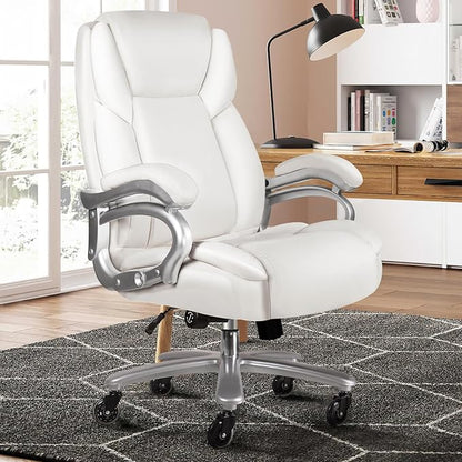 VITESSE 500lbs Heavy Duty Office Chair for Low Back Pain Relief, Big and Tall Office Chair with Ergonomic Lumbar Support, High Back Executive Chair with Quiet Rubber Wheel（White）