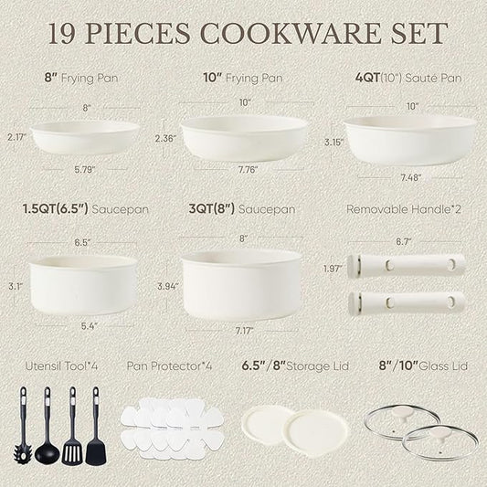 CAROTE 19pcs Pots and Pans Set, Nonstick Cookware Set Detachable Handle, Induction Kitchen Cookware Sets Non Stick with Removable Handle, RV Cookware Set, Oven Safe
