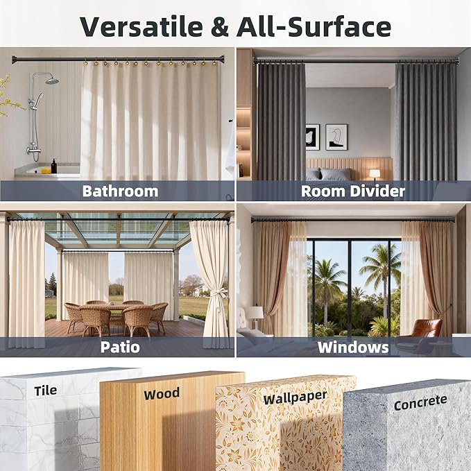 STARLATTA Long Tension Shower Curtain Rod 31-120 Inch (10ft): 1.1" Dia Rustproof Stainless Steel, No Drilling Heavy Duty, Adjustable Room Divider for Bathroom Window, Matte Black