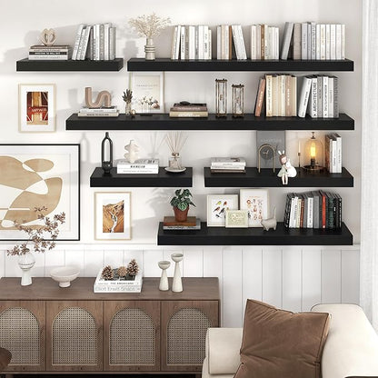 Floating Shelves for Wall, 48 Inch Wide x 12 Inch Deep Floating Shelves, Long Wood Floating Wall Shelf Shelves for Living Room Bathroom Bedroom Kitchen Home - (Black, 48" W x 12" D x 2" H)