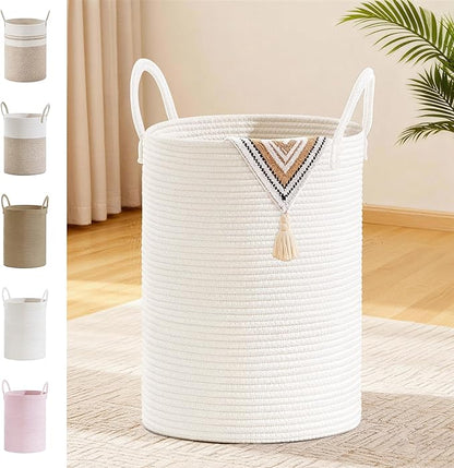 Tall Laundry Basket with Handles, 58L Portable Dirty Clothes Hamper, Boho Cotton Rope Storage Bin for Blankets Kids Toys Gifts, Decorative Organizer for Baby Nursery Bedroom Bathroom, White