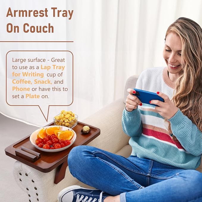 SINWANT Couch Arm Tray with 360° Rotating Phone Holder,Bamboo 15.35"x9.85" Folding Wide Sofa Arm Tray,Anti Slip Clip on Side Table Couch Armrest for Snacks,Drinks,Remotes