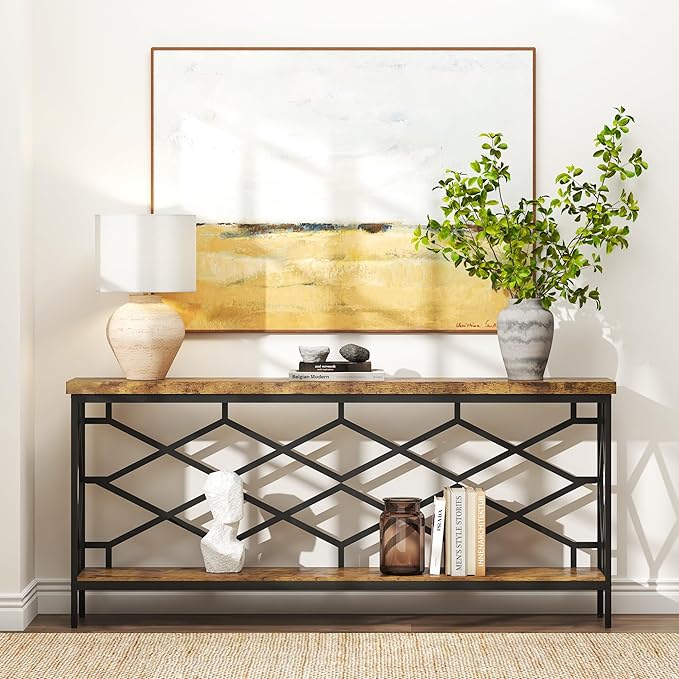 karlott 71" Extra Long Entryway Table, Narrow Console Table, Industrial Sofa Behind Couch Table with Open Storage Shelf, Hallway Table for Entryway, Living Room, Foyer, Entrance, Unique Design, Brown