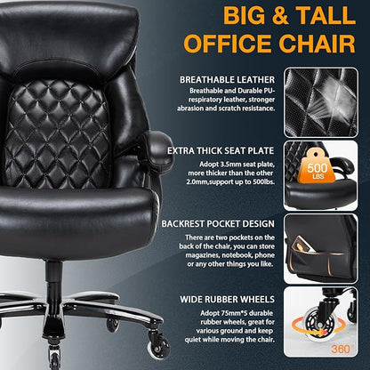 Big and Tall Office Chair for Heavy People, 500LBS High Back Extra Wide Heavy Duty Executive Office Chair Comfortable for Home Office, Large Computer Desk Chair with Adjustable Lumbar Support Black
