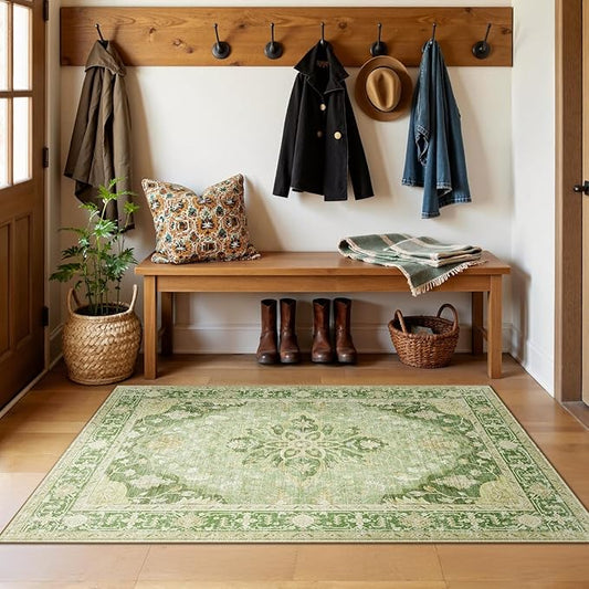 RELEANY Area Rugs 3'x4' Washable Non-Slip, Floral Vintage Distress Medallion Carpet for Living Room Bedroom Dining Room, Sage Green Yellow
