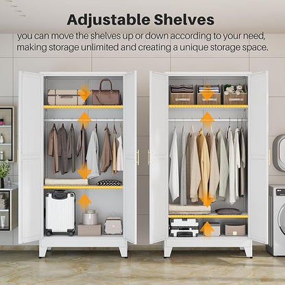 winiowa Metal Armoire Wardrobe Closet with 2 Doors, 71" Wardrobe Cabinet with Adjustable Shelves and Hanging Rod, Clothing Storage Cabinet Closet for Bedroom-White