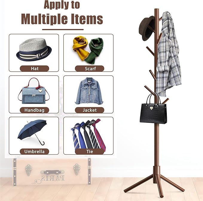 Haddockway Wooden Coat Rack Stand with 8 Hooks New Zealand Pine 3 Adjustable Coat Standing Tree Easy Assembly for Coats, Hats, Scarves and Handbags for Entryway, Hallway, Bedroom, Office