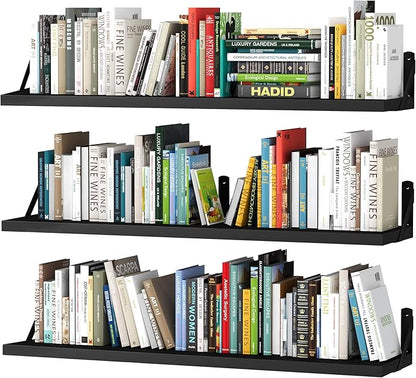 upsimples Floating Book Shelves for Wall, 35.4 Inches Long Floating Wood Shelves for Living Room, Library, Bedroom, Office Organizer and Storage, Black