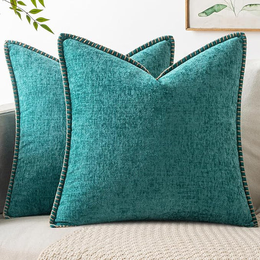 MIULEE Pack of 2 Couch Throw Pillow Covers 20x20 Inch Teal Farmhouse Decorative Pillow Covers with Stitched Edge Soft Chenille Solid Dyed Summer Pillow Covers for Sofa Bed Living Room