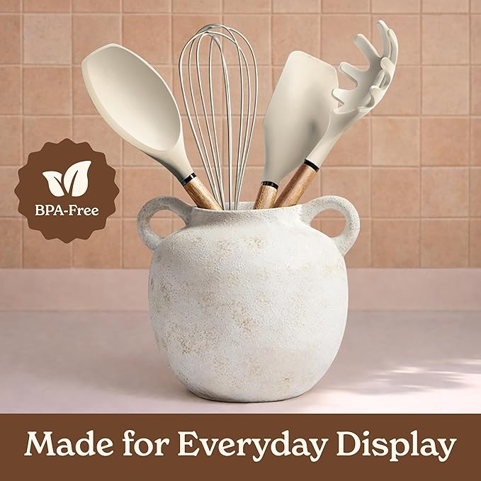 Country Kitchen Non Stick Silicone Utensil Set with Rounded Wood Handles for Cooking and Baking, 8 Piece Set, Khaki