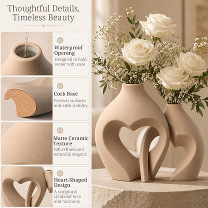Brown Ceramic Flower Vases Home Decor Heart Shaped Vase Set of 2 Nordic Heart Shaped Vases, Minimalist Decorative Vase for Table Centerpiece Wedding Dining Living Room Office House Decoration