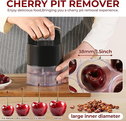 Cherry Pitter Tool 7-in-1 with 1.5" Extra Large Slots, Olive Pit Remover | Cherry Pitter for Jumbo Cherries & Olives, Transparent Container, Safely Safe, Anti-Splash, 7-Slot Cherry Pitter Tool