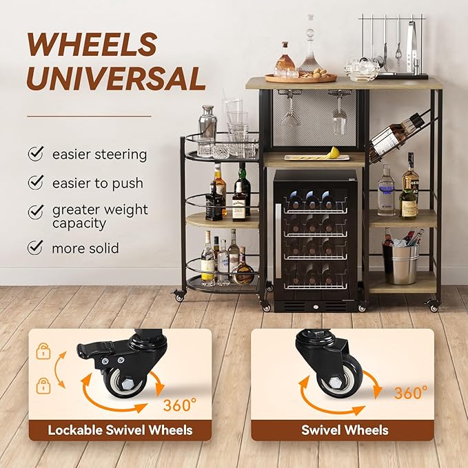Bar Cart, Home Bar Service Cart with Wine Rack and Glass Holder, Kitchen Cart with Rolling Wheels, Metal Bar Rack with 7 Tiers Storage for Home, Kitchen, Living Room, Dining Room (Wood)