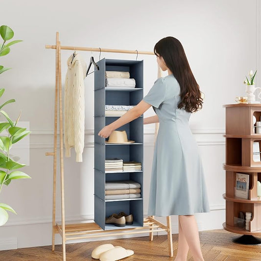 Hanging Closet Organizer 6-Shelf, Oxford Fabric Wardrobe Storage, Gray | Easy-mount foldable design holds clothes, handbags, shoes & accessories; washable Oxford fabric, sturdy and space-saving.