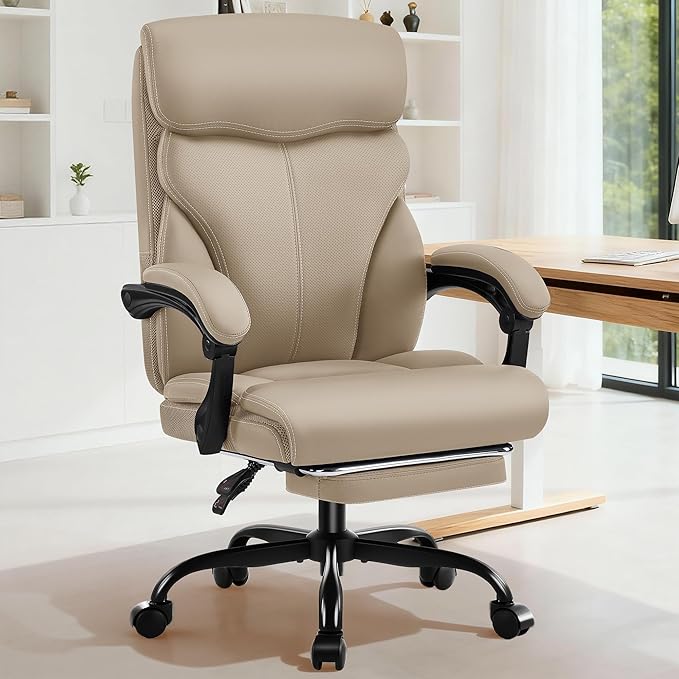 Office Chair - Ergonomic Comfortable High Back Computer Desk Chair with Foot Rest - Executive Breathable Swivel Rolling Reclining Leather Chair with Lumbar Support for Home Gaming Relaxing