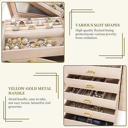 AKOZLIN 6-Tier Jewelry Box Organizer Functional 5 Drawers Leather Jewelry Storage Case for Women Girls Ring Necklace Earring Bracelet Holder Organizer with Mirror Extra Large Champagne