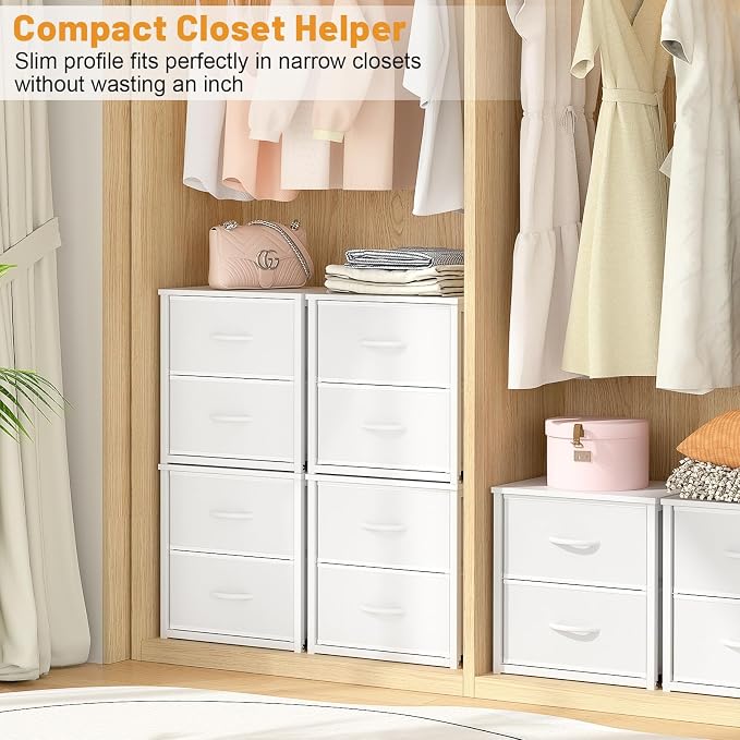 DAOUTIME Stackable Storage Drawers, White Closet Organizer with Wooden Top & Metal Frame, Closet Storage Drawers for Clothes, Freestanding or Stackable Dresser for Bedroom, Living Room, Under Bed