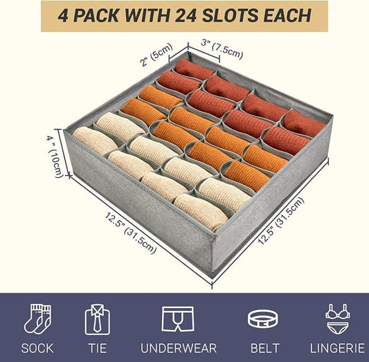 PINGMIC Gray Sock Organizer Divider 4 Pack - 24 Cell Foldable Closet Storage, Tie Organizer For Men Boxes for Socks, Ties, Belts