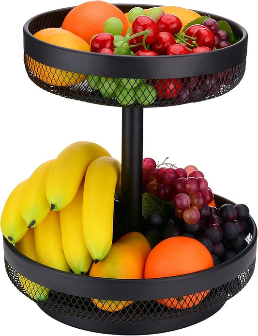 IBERG 2 Tier Fruit Basket - Detachable Mesh Fruit Bowl for Kitchen Countertop - Metal Basket Stand for Fruits,Vegetables, Bread & Snacks (Black)