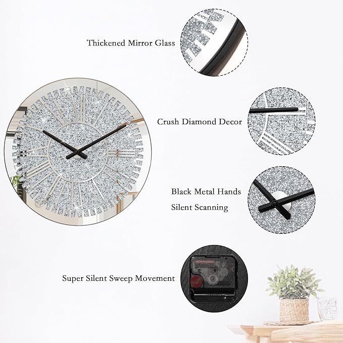 Crystal Crushed Diamond Wall Clock Round Mirrored Clocks Modern Silver Glass Clock for Wall Sparkle Twinkle Hanging Clocks for Living Room Bedroom Dining Room Decorative, AA Battery not Included