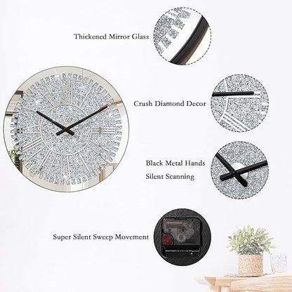 Crystal Crushed Diamond Wall Clock Round Mirrored Clocks Modern Silver Glass Clock for Wall Sparkle Twinkle Hanging Clocks for Living Room Bedroom Dining Room Decorative, AA Battery not Included