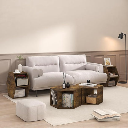 Furinno Simple Design Coffee Table, Hexagon Modern Center Table with Open Shelf, Vertical or Horizontal Side Table, for Living Room, Bedroom, Home Office, Amber Pine