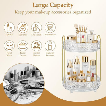 360 Rotating Makeup Organizer for Vanity, 2 Tier Adjustable Perfume Organizer for Dresser, Multi-Function Spinning Cosmetics Skincare Storage for Bedroom, Dresser, Countertop, Clear