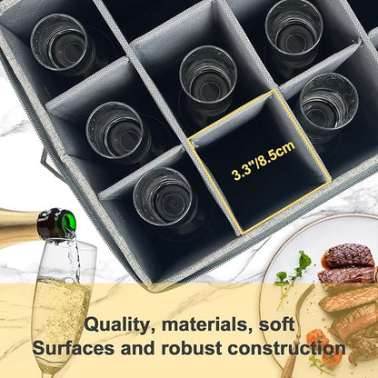 VERONLY Champagne Flute Storage Box with Dividers, Champagne Glass Storage Container, Hard Shell Stemware Storage Case Organizer for 12 Crystal Champagne Flutes Storage and Organization (Grey)