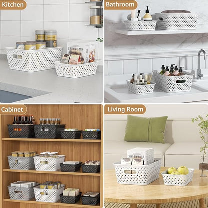 MaxGear 3 Pack Plastic Storage Baskets, Small, White | Durable Woven Plastic with Built-In Handles, Suitable for Shelves, Closets, Cabinets, Bathrooms and Offices