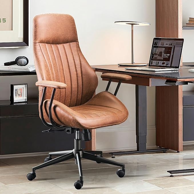 ovios Home Office Chair, Mid-Century Modern Faux Suede Leather Ergonomic Chairs, High Back Comfy Computer Swivel Rolling Task Executive Armchair, Brown