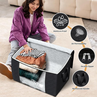 Fab totes 24 Gallons Clothes Storage, Foldable Thick Fabric Blanket Storage Bags, Containers for Organizing Bedroom, Closet, Clothing, Comforter, Organization with Handle (3 Pack,Black)