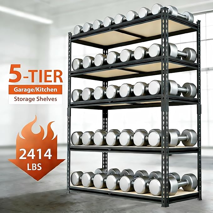 60" H x 28.03" W x 12" D Utility Shelves for Kitchen Pantry: 5-Shelf Storage-Rack Adjustable Metal+Wood Steel Stand Closet/Garage Shelving Unit Organizer System for Basement, Small (Black)