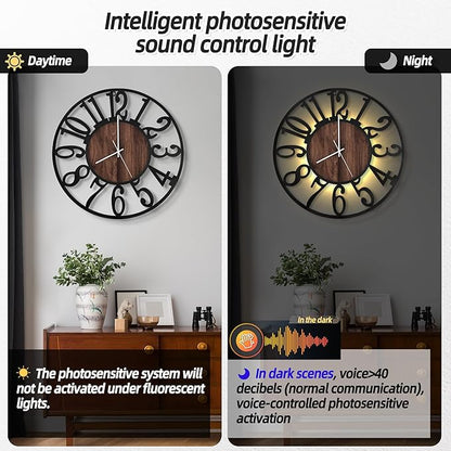LEIKE Large Wall Clocks with Night Light Battery Operated,Silent Non Ticking,Rustic Modern Big Wood Clock for Living Room, Bedroom,Kitchen,Farmhouse,Office,Home Decor-20 Inch(Black-Arabic Number)