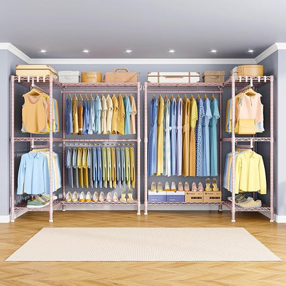E15 Pro Garment Rack L Shaped Clothes Rack for Corner，Freestanding Clothing Racks for Hanging Clothes，Heavy Duty Closet System with 4 Hanging Rods & 8 S Hooks，48.8"W x 15.8"D x 78.4"H，Pink