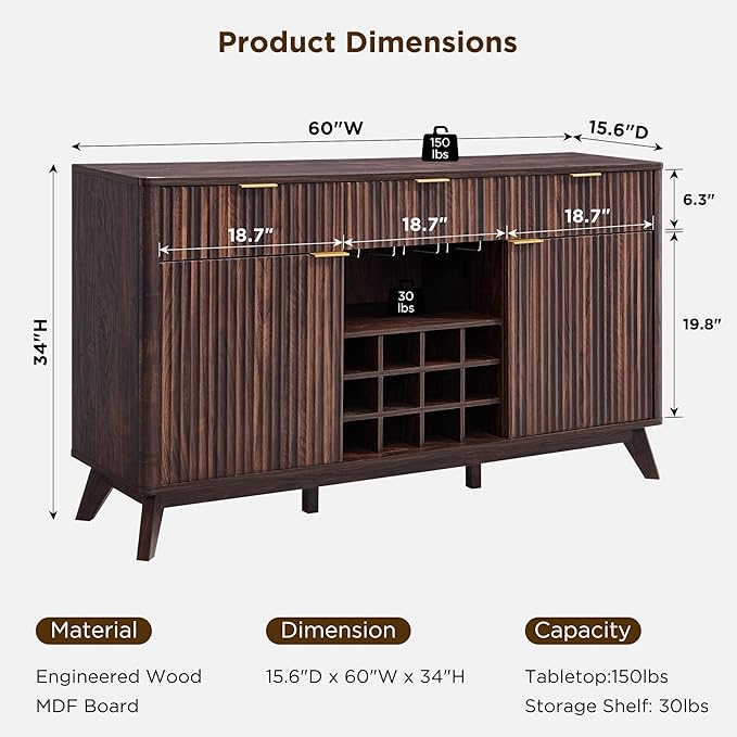 OKD 60" Fluted Buffet Cabinet with Storage - 3 Drawers and 2 Doors, Mordern Wine & Coffee Bar Cabinet with Wine and Glass Racks, Sideboard with Adjustable Shelves for Kitchen, Dining Room,Walnut