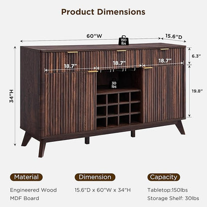 OKD 60" Fluted Buffet Cabinet with Storage - 3 Drawers and 2 Doors, Mordern Wine & Coffee Bar Cabinet with Wine and Glass Racks, Sideboard with Adjustable Shelves for Kitchen, Dining Room,Walnut