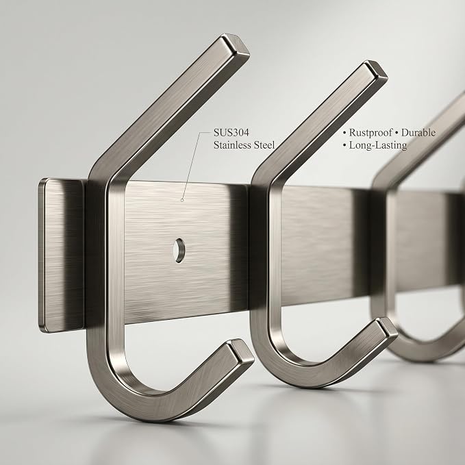 Coat Rack Wall Mount – Brushed Nickel 17 Inch Stainless Steel Hook Rail with 6 Heavy Duty Double Coat Hooks – Wall Mounted Coat Hanger for Entryway, Bathroom, Bedroom, Towel, Hat Organizer - 2 Pack