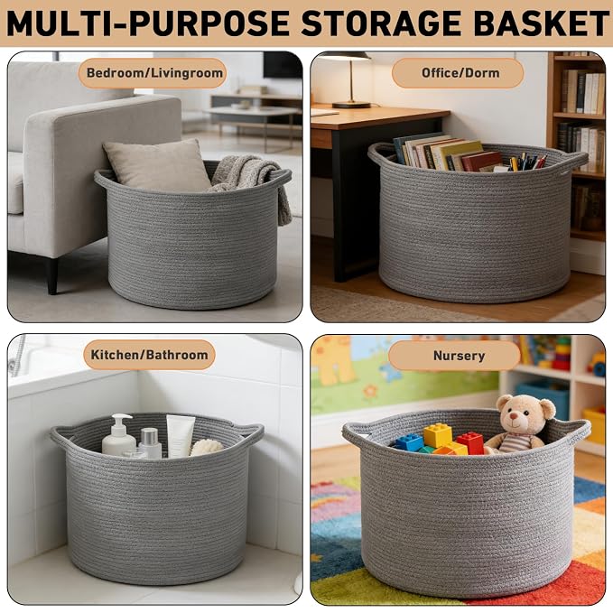 90L Extra Large Blanket Basket,Rope Woven Storage Basket with Handles, Laundry Hamper for Toys, Clothes, Pillows & Towels, Perfect for Living Room, Nursery & Bedroom,Dark Gry