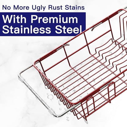 MAJALiS Red Dish Drying Rack Over Sink with Utensil Holder, Drainboard | Expandable Stainless Steel Dish Drainer for Small Kitchen, Apartment, RV, Counter Space Saving, Perfect Fit, Rustproof