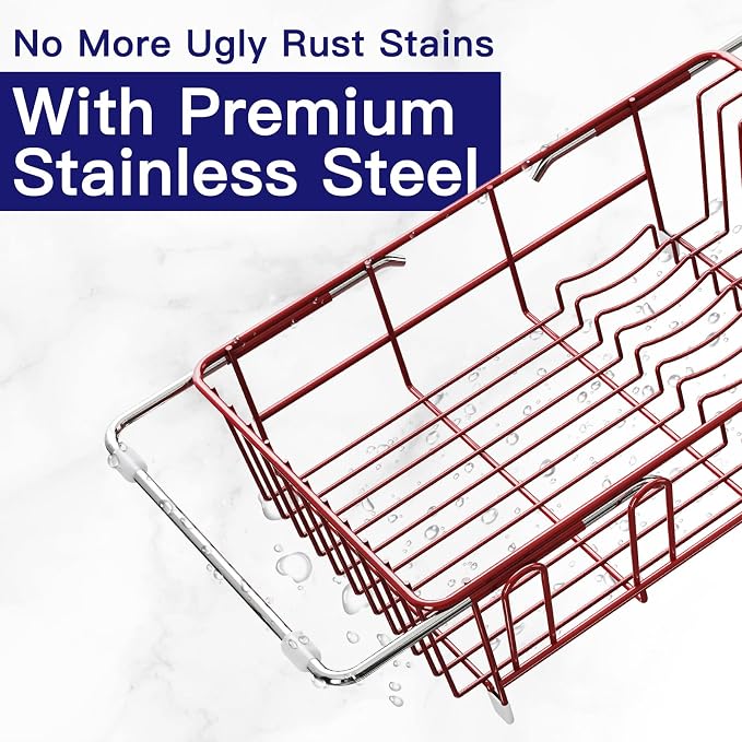 MAJALiS Red Dish Drying Rack Over The Sink with Utensil Holder | Expandable Stainless Steel Dish Drainer for Small Kitchen, Apartment, RV, Counter Space Saving, Perfect Fit, Rustproof